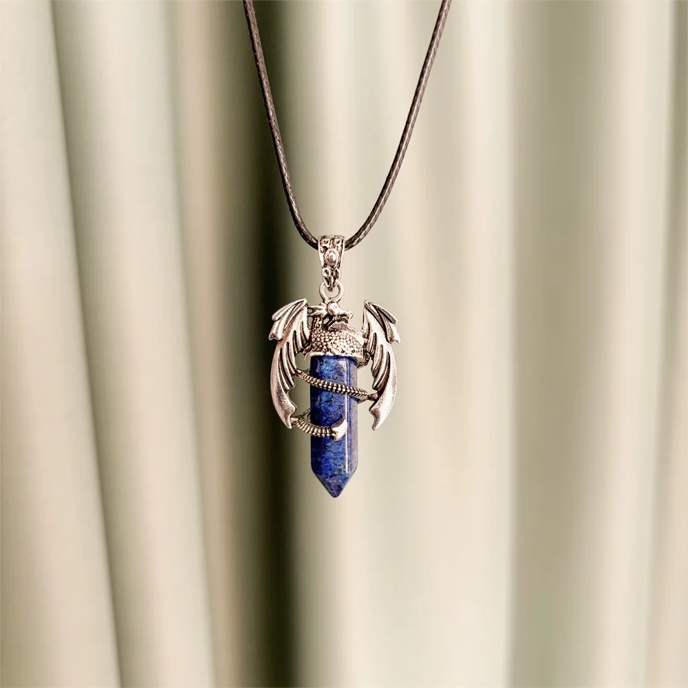 Natural amethyst powder hex prism dragon pendant men women necklaces
