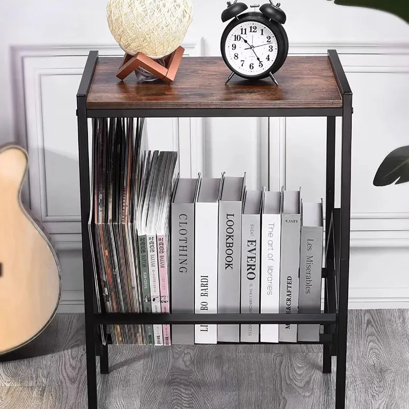Metal Iron Wood Phonograph Storage Rack Vintage Vinyl Cabinet Shelf Record Player Stand