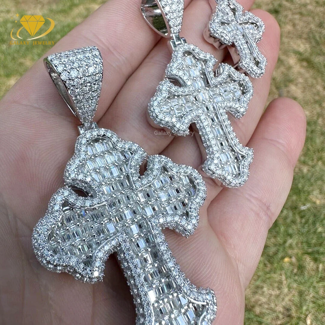 Hot Sale Fashion Woman Jewelry Custom Thorns Cross Pendant 925 Sterling Silver Baguette Moissanite Diamond Pendant for Gift