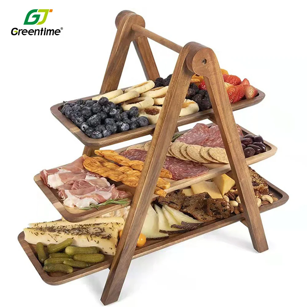 Customization Cake Stand Shelf Food Holder Acacia Ladder Snack Plates Wood 3 Tiered Serving Tray For Picnic Party Wedding