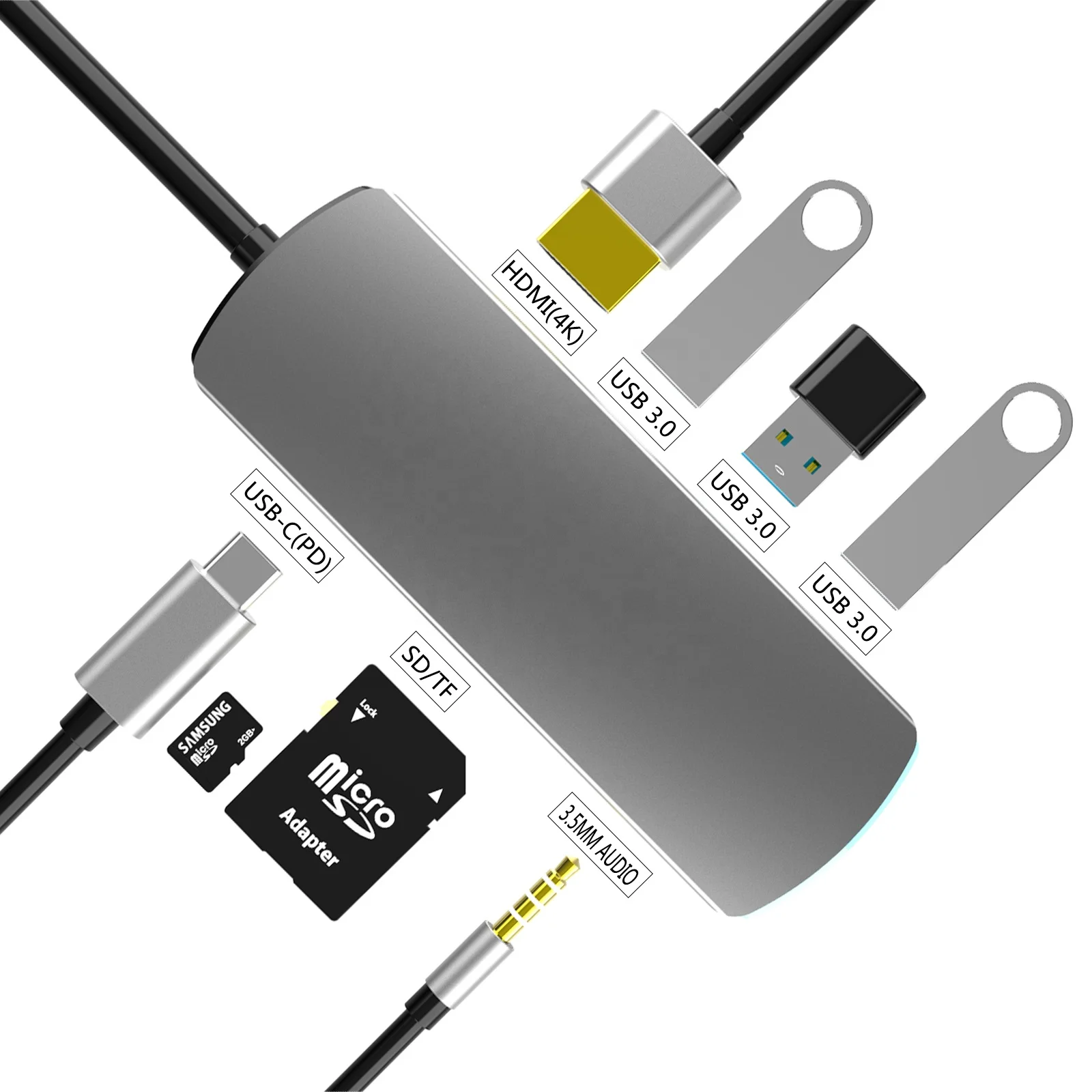 8 port type c usb hub USB3.0*3 HD-MI*1 AUDIO3.5mm*1 SD*1 TF*1 PD*1 Support all type-c channel computers