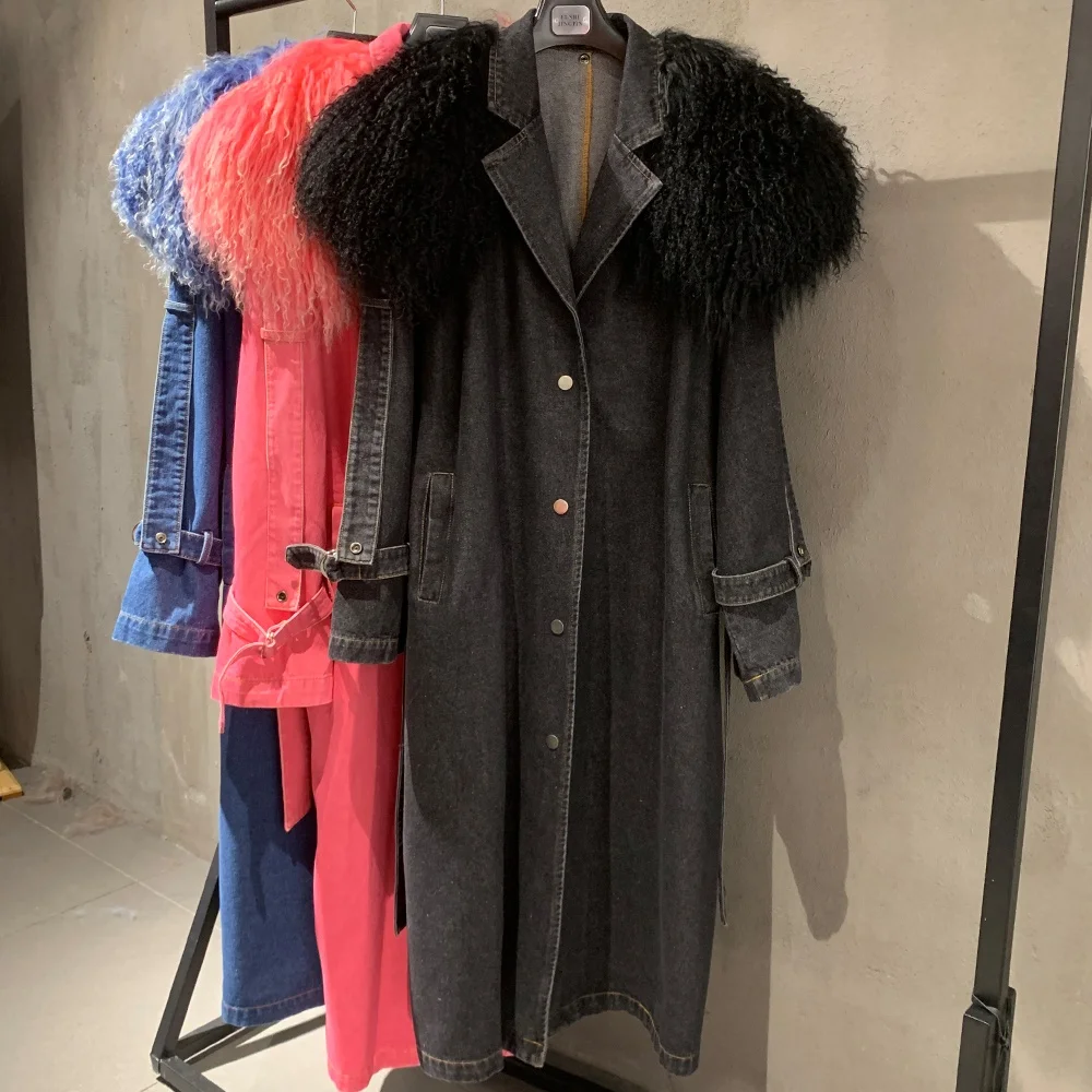 Mongolian collar denims jackets formal black denim trench coats woman fashion denim coat