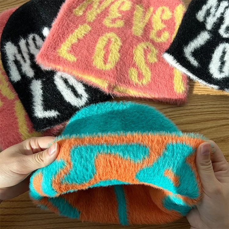 Beanies With Custom Logo All Over Print Designer Unisex Graphic Jacquard Mohair Knit Winter Beanie Hats