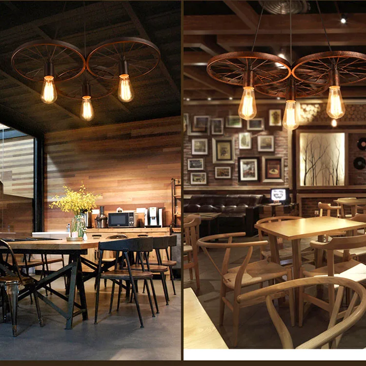 Retro Nostalgic Wheel Style Lamp Iron LED Pendant Light Chandelier Ceiling Luminaire