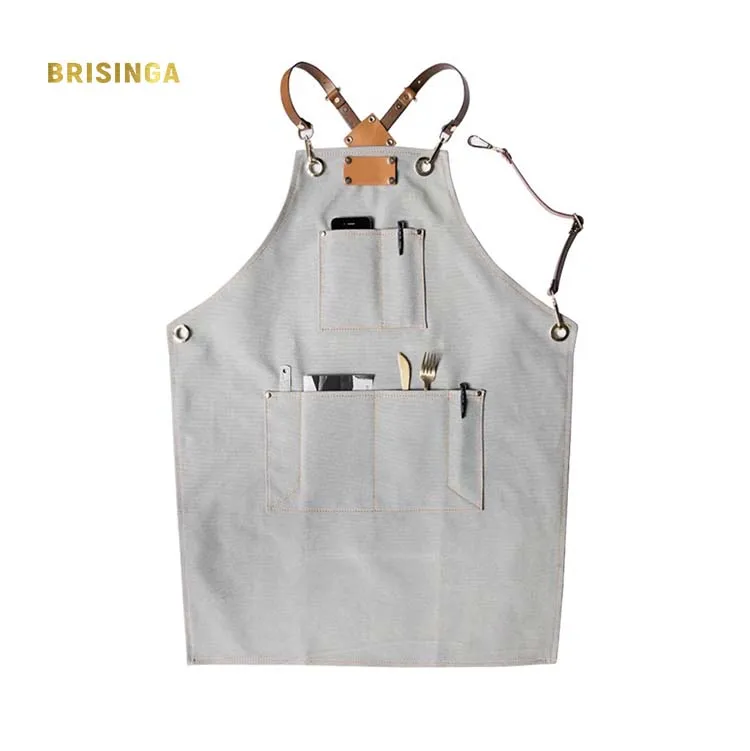 Gray canvas apron embroider plastic adjustable coffee apron with leather straps