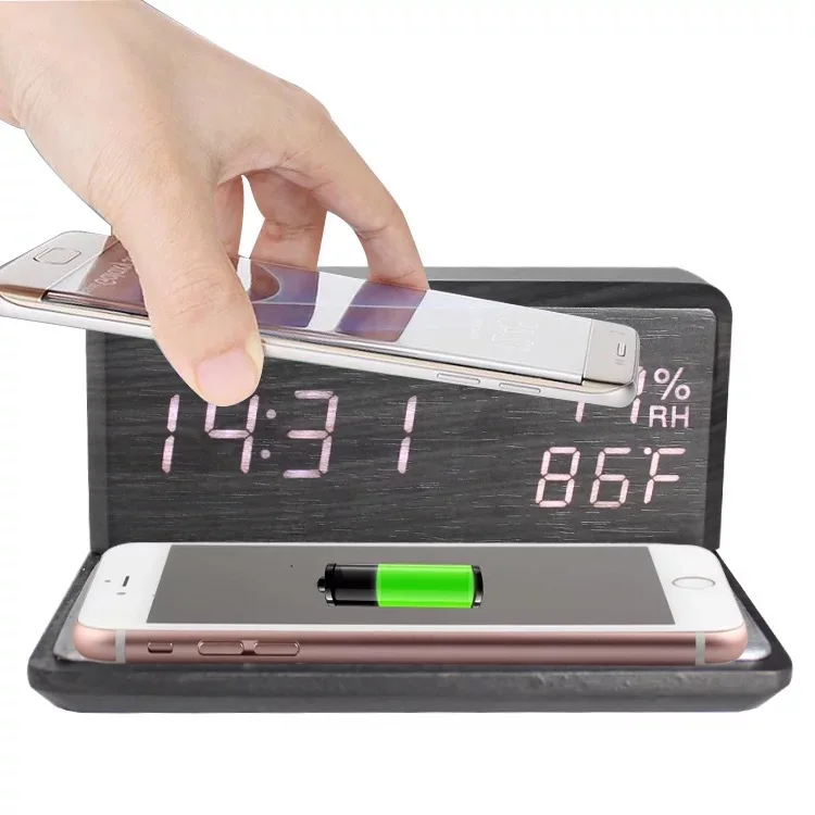 new arrival 2 in 1 wooden wireless charger with clock temperature electronic LED alarm clock