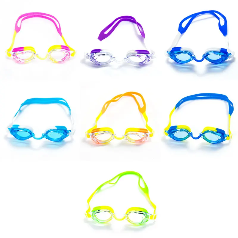 Swimming caps and glasses supplier colorful funny frames kids swim goggle with anti-fog film