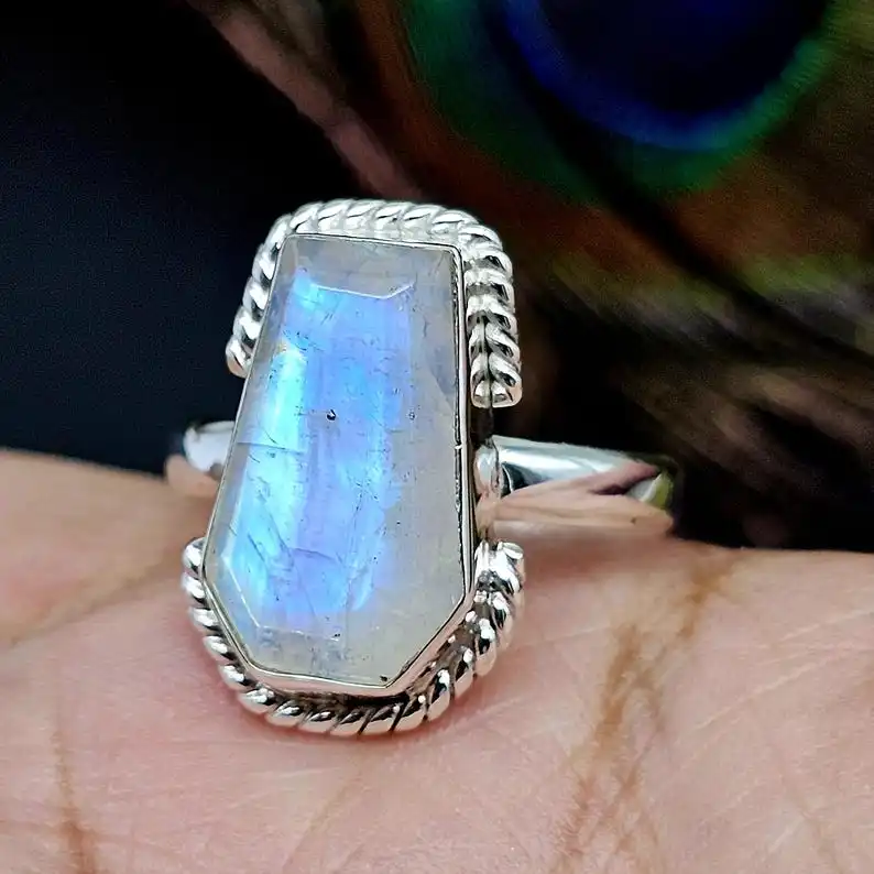 Rainbow Moonstone Coffin Ring 925 Sterling Silver Ring Women Rainbow Moonstone  June Birthstone Ring Coffin Gemstone