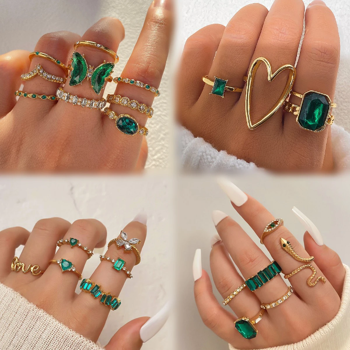 Wholesale New fashion green Stone butterfly snake Gold ring set for women Jewelry Heart Diamond Finger knuckle rings Set