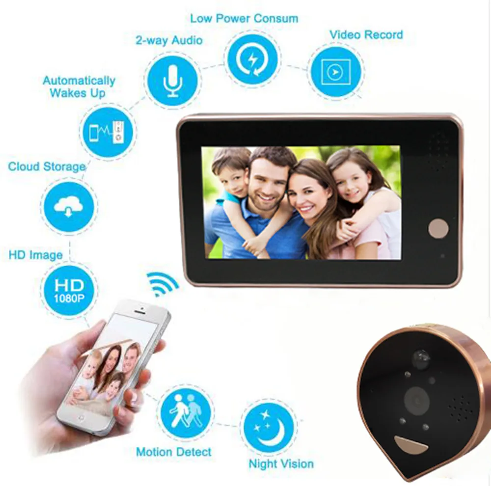 Умный видеоглазок Enxun 1080P, 4,3 дюйма, Wi-Fi, беспроводной дверной звонок с ночным видением
