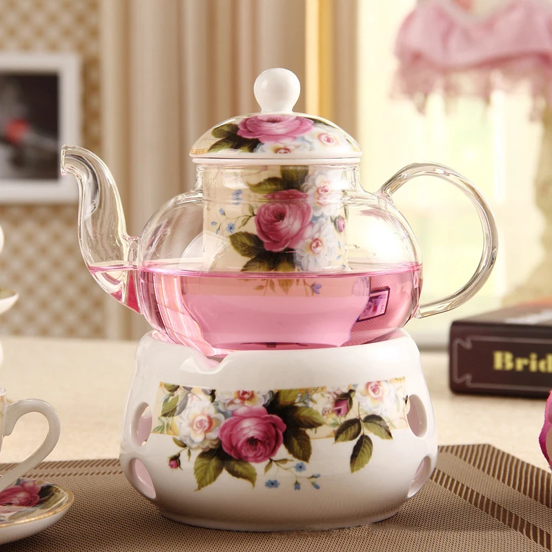 High Quality Elegant Ceramic Porcelain Glass Teapot Set Flower Design Tea Pot With Stand Warmer