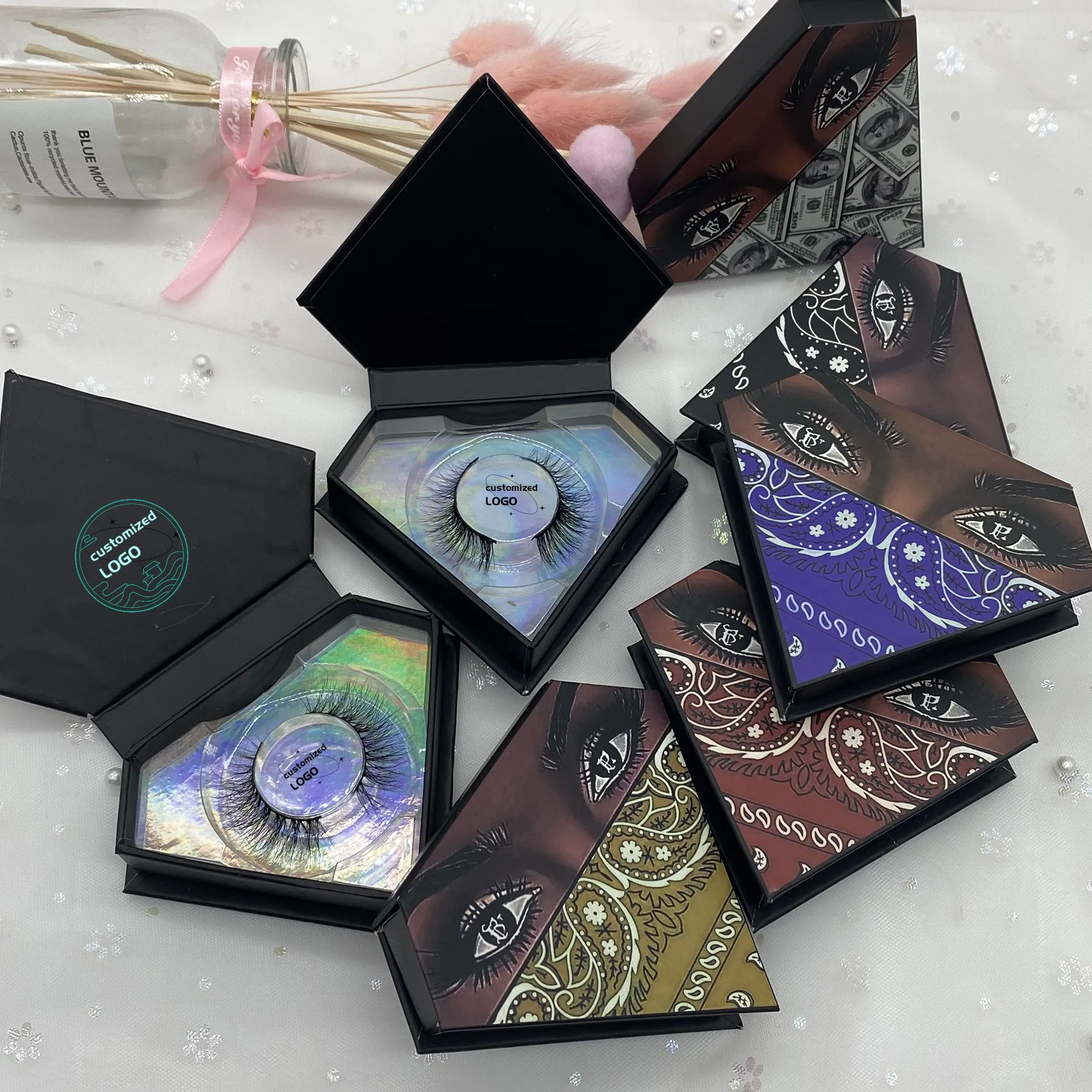 Own brand Customized Logo lashes box laser holographic eyelash box 3D multi-color lash packing box