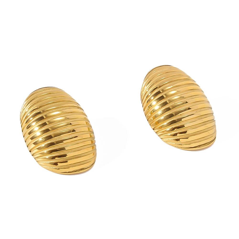 Popular Stainless Steel Oval Shaped Stripe Texture Stud Earrings 18K Real Gold Plated Fashion Chunky Studs Tarnish Free