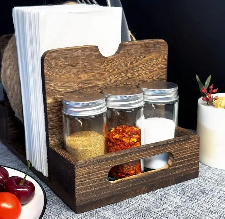 Wooden Storage Kitchen Accessories Vintage Napkin Holder with Salt and Pepper Shakers Caddy