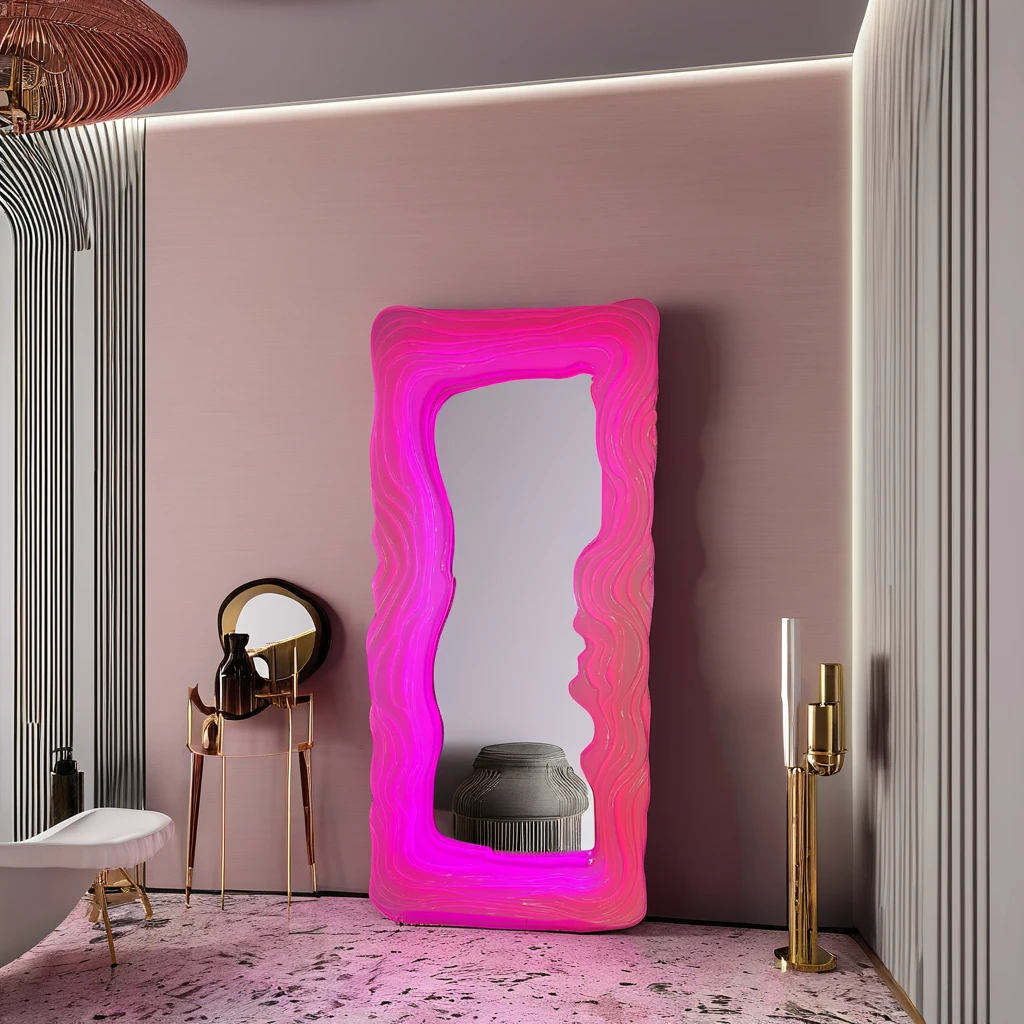 LED intelligent full body floor mirror wavy asymmetric dressing wavy mirror pink irregular shaped mirror with RGB led lights