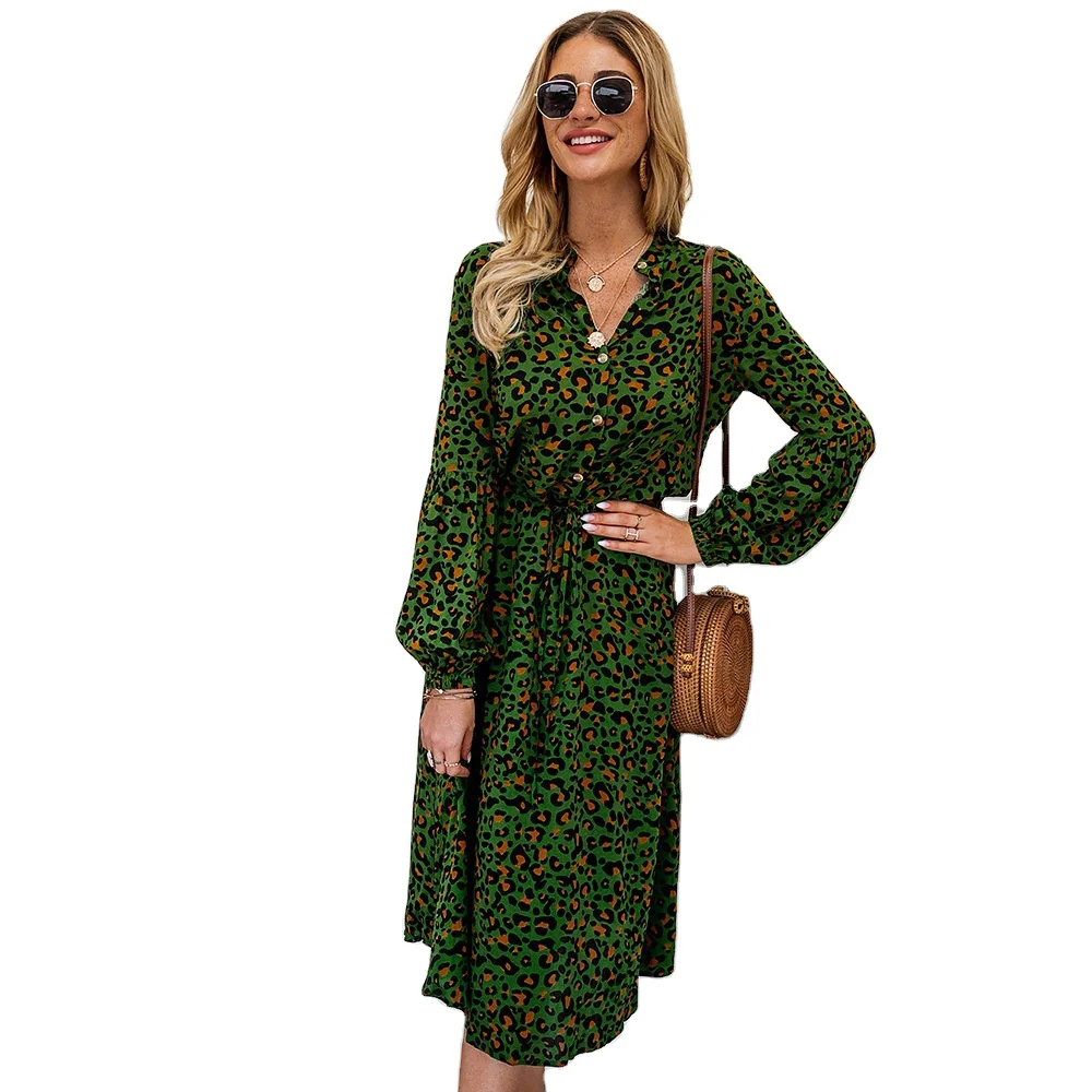 Summer A-line Long Sleeve Green Flare Sleeve None Decoration Chiffon Dress Women