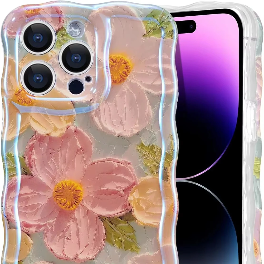 Colorful Retro Oil Painting Flower Laser Beam For iPhone15 Pro Max 14 13 12 11 XS XR Frosted Camera Protect Shockproof Cover