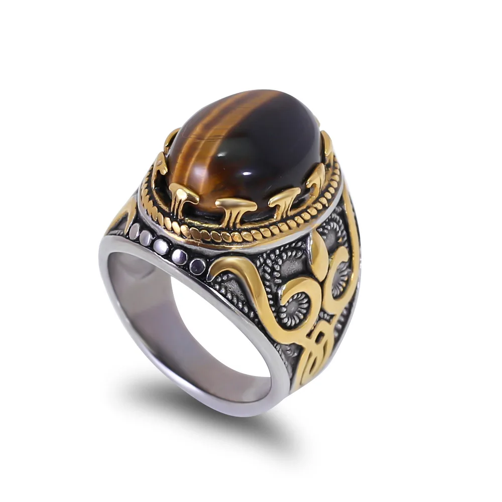 Wholesale Stainless Steel Tiger Eye Ring For Men Gold Plated Tiger Eye Stone Ring Turquoise Man Ring
