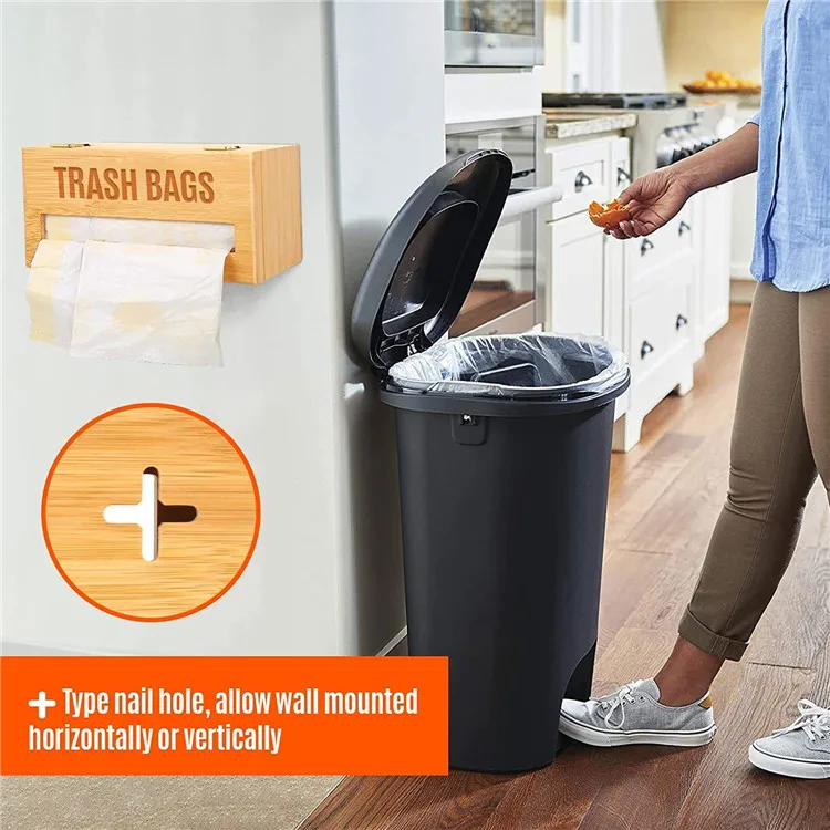 Private Label Bamboo Wall Mounted Kitchen Trash Bag Dispenser Garbage Bag Holder Trash Bag Organizer