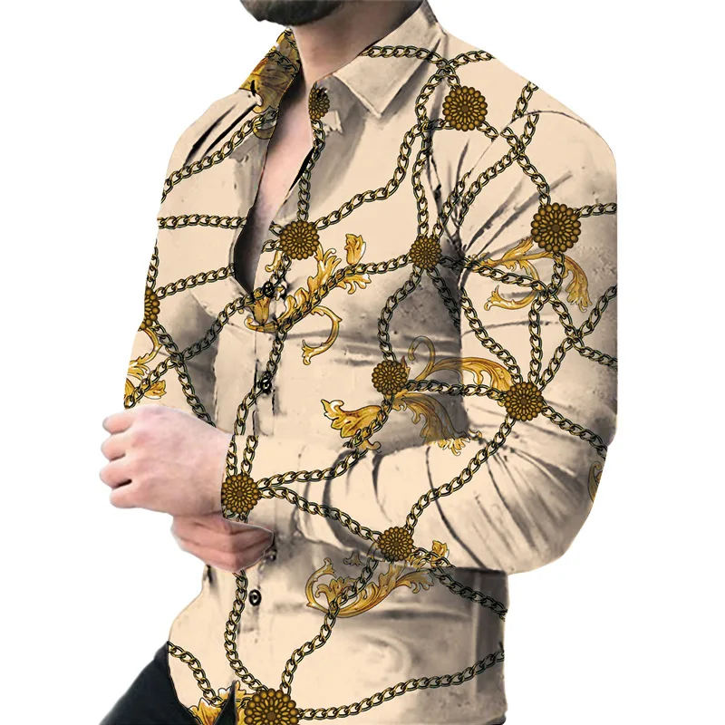 Fashion Luxury Men Shirts Turn-down Collar Buttoned Shirt Casual Flower Print Long Sleeve Tops Men Clothes Prom Cardigan shirts