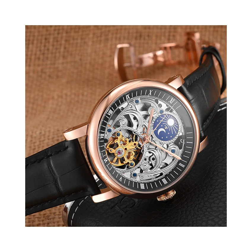 Latest cow leather strap all hollow moon phase waterproof men mechanical wristwatch