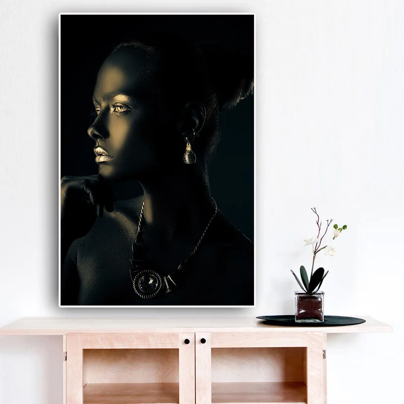 Black Gold African Nude Woman Indian Portrait Canvas Painting Posters and Print Wall Art Picture for Living Room