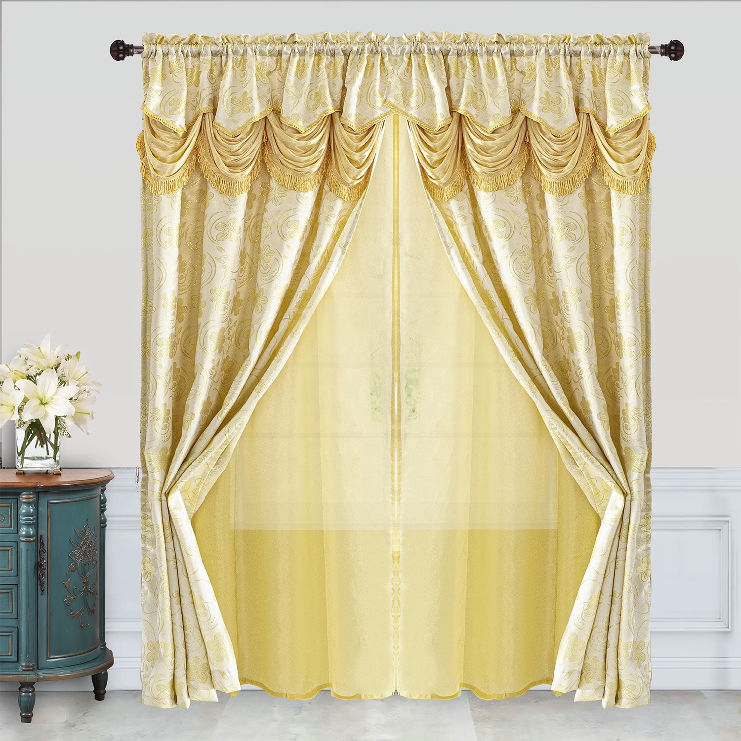Multi-color luxury design jacquard window curtain panel with attached waterfall valance taffeta backing included for home