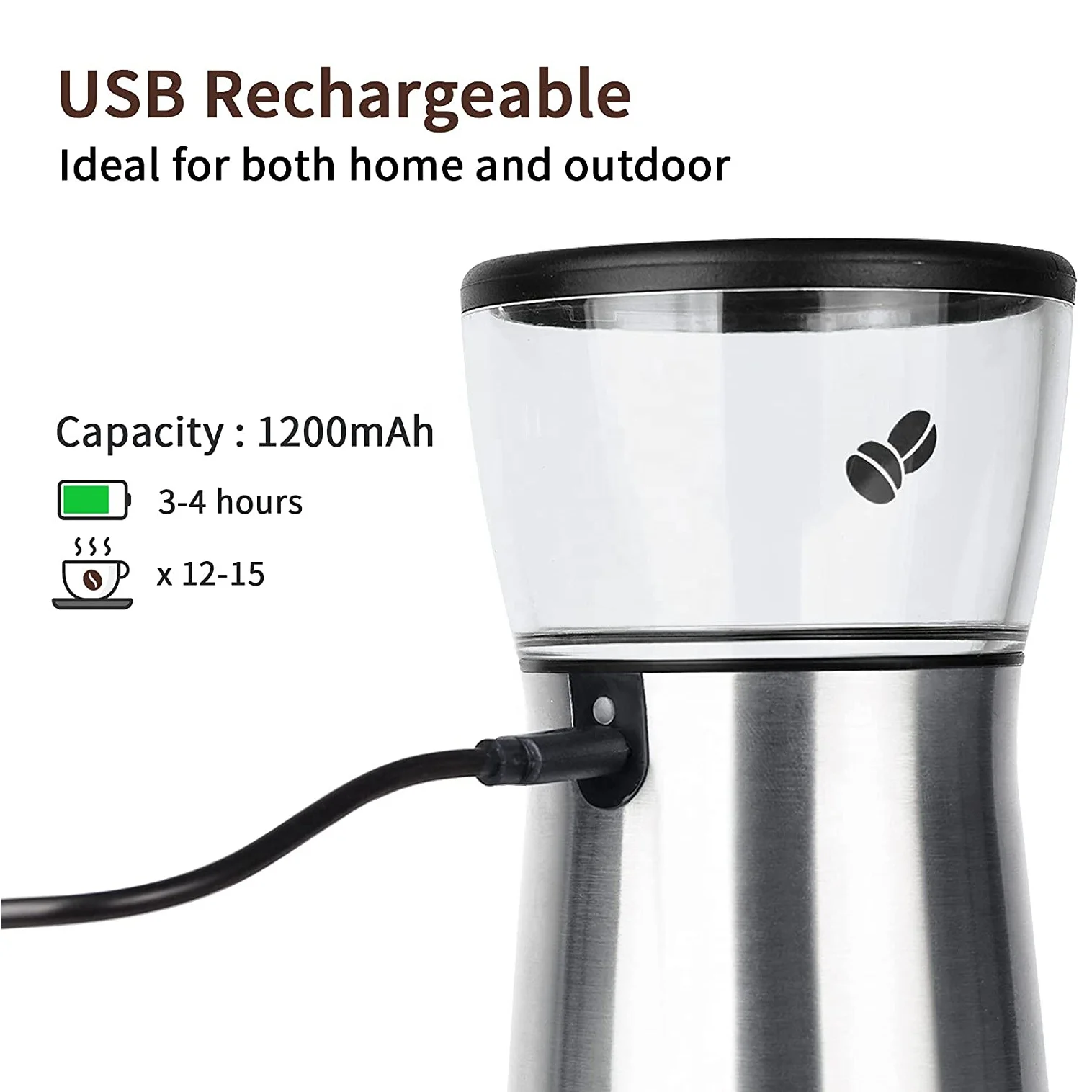 Портативная электрическая кофемолка из нержавеющей стали с USB-зарядкой