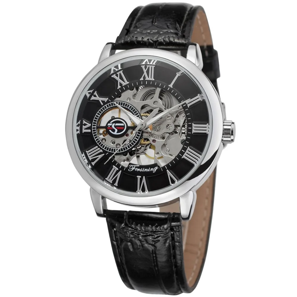 Men Luxury Mechanical Skeleton Watch Black Golden 3D Literal Design Wristwatch Forsining A099 Leather Watch