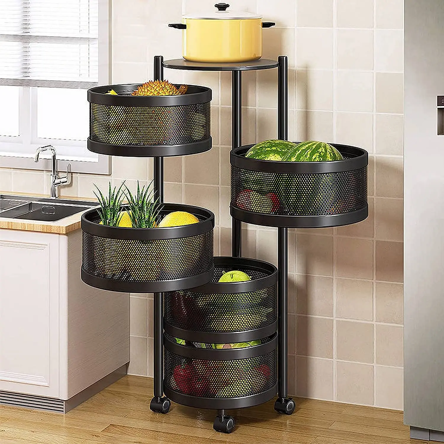 Round Storage Rack Kitchen 360 Rotating Fruit Vegetable Mesh Basket Kitchen Vegetable Storage Rack Rolling Storage Trolley Cart
