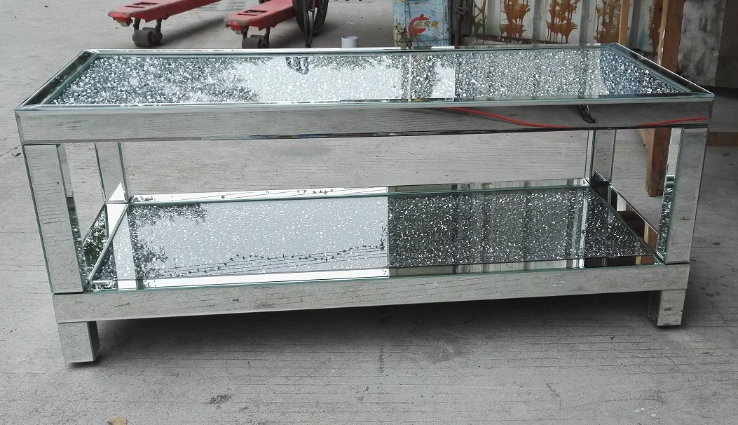 Luxury Fashion Style Sparkly Two Layers Silver Rectangle Crushed Diamond Mirrored Coffee Table for Home Hotel