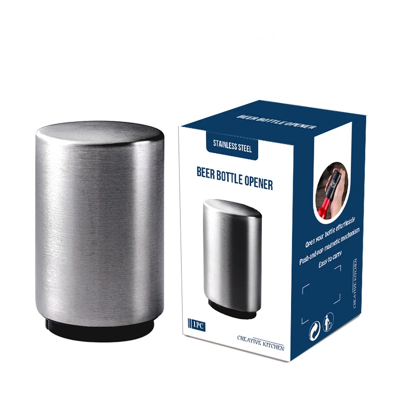 Custom Laser Logo Bar Tool Stainless Steel Automatic Push Down Pop Top Off Beer Bottle Opener