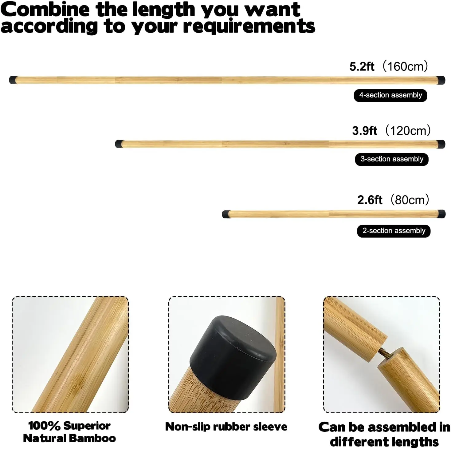 Wellshow Yoga Stick Natural Bamboo 5 feet, Stretch Stick with Non-Slip Ends, Exercise Dowel for Mobility Stretch Bar