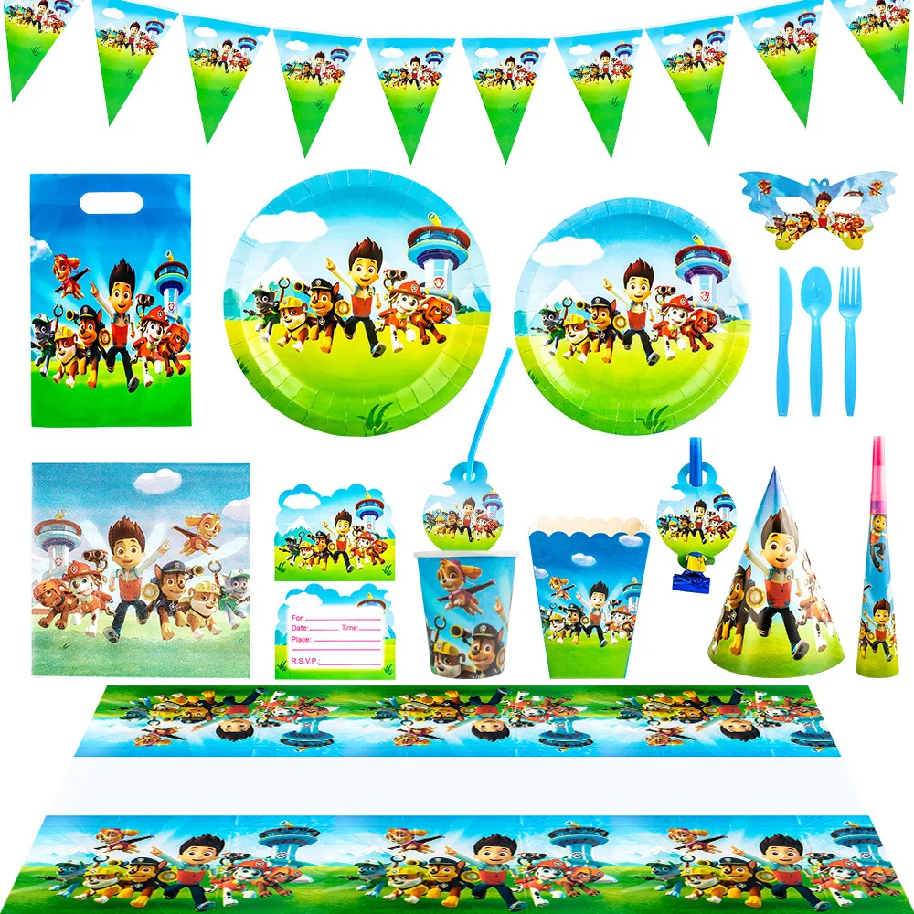 Cartoon Kids Boy Pet Dog Birthday Baby Shower Party Paper Plates Tablecloth Banner Supplies Kids Home Toy Decoration K2030