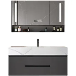 Hotel Solid Wood Wall Mount Dark Gray Washroom Storage Cabinet Combo Marble Floating Vanity Bathroom
