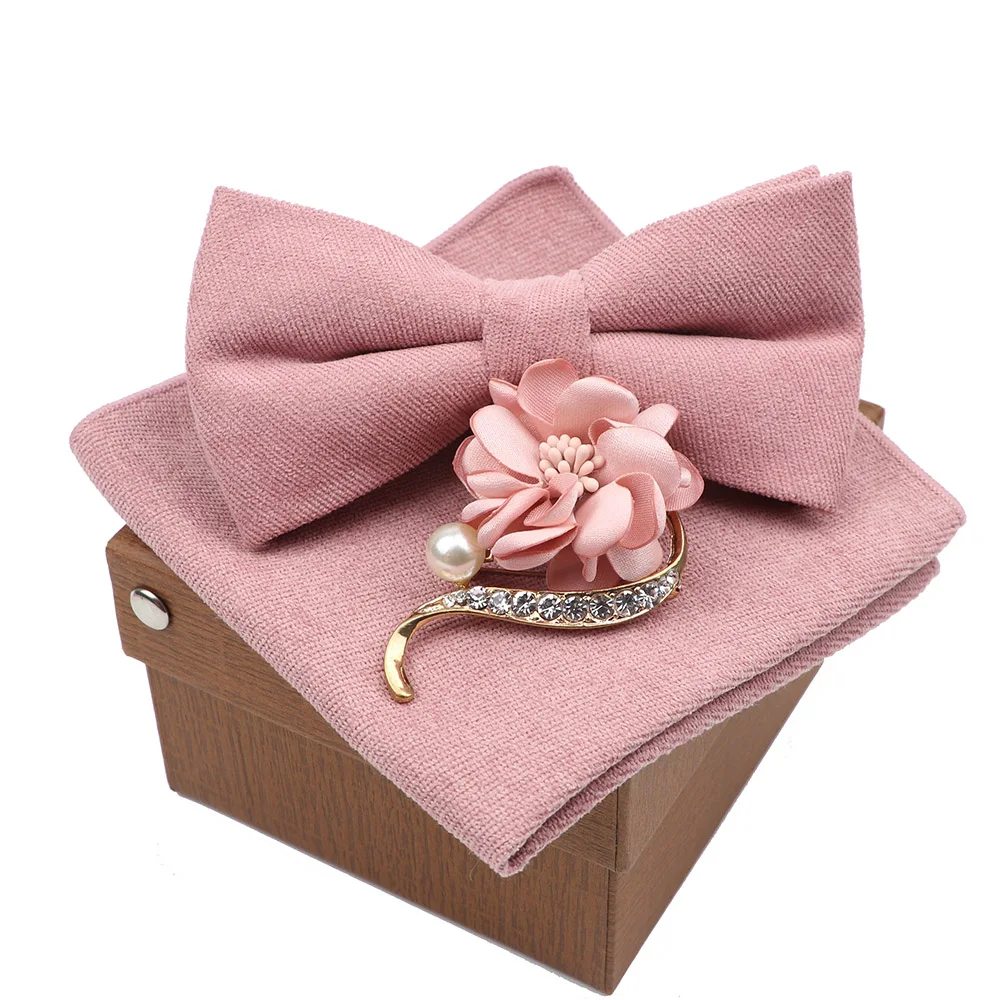 Men Super Soft Suede Solid Color Cotton Bow Tie Handkerchief Brooch Set Bowtie Orange Pink Blue Butterfly Wedding Novelty Gift