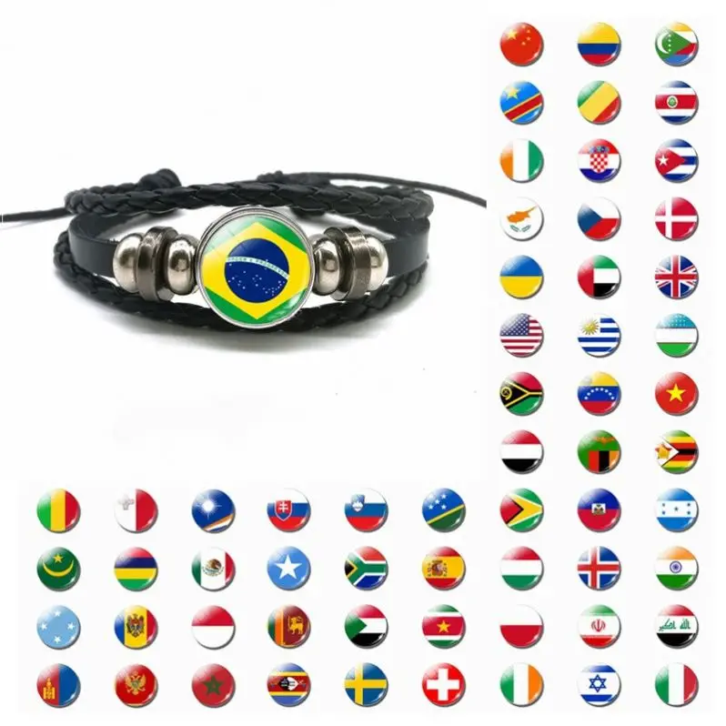 Braided Mens Leather Bracelet Glass Cabochon Charm Bracelet American National Flag Bracelet