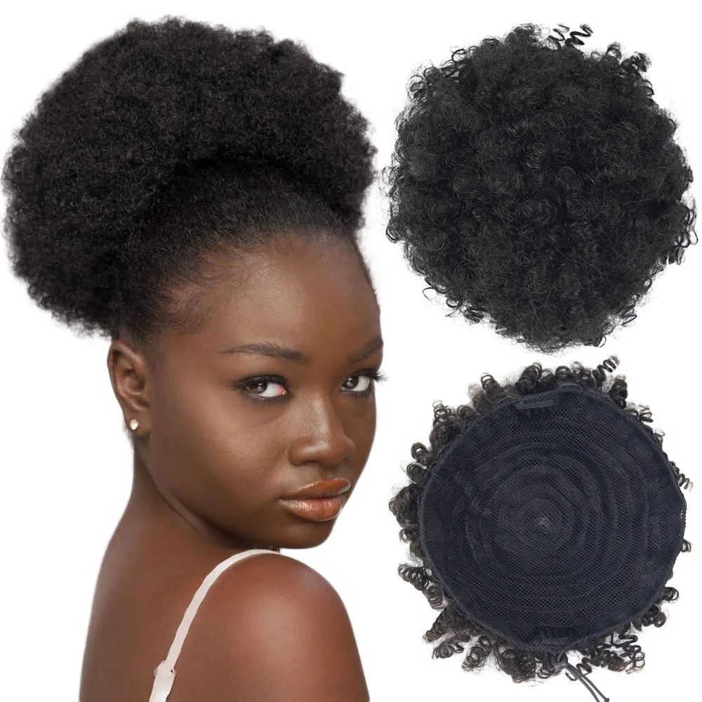 Cheap Price Short Afro Puff Curly Human Hair Drawstring Ponytail Hair Puff Chignon with Combs,100% Human Hair Bun Afro Puffs