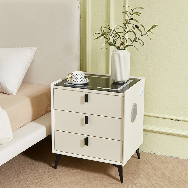 Smart Solid Wooden Night Stand Bedroom Furniture Smart Coffee Table with 3-Light Glass Top USB Wireless Charger Speaker
