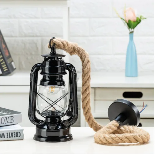 Kerosene Ceiling Light Fixture With Glass Shade Hemp Rope Vintage Pendant Lantern for Kitchen Island Farmhouse Loft Porch