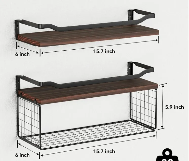 Wire Storage Basket Floating Shelves Wood  bathroom Wall Shelves
