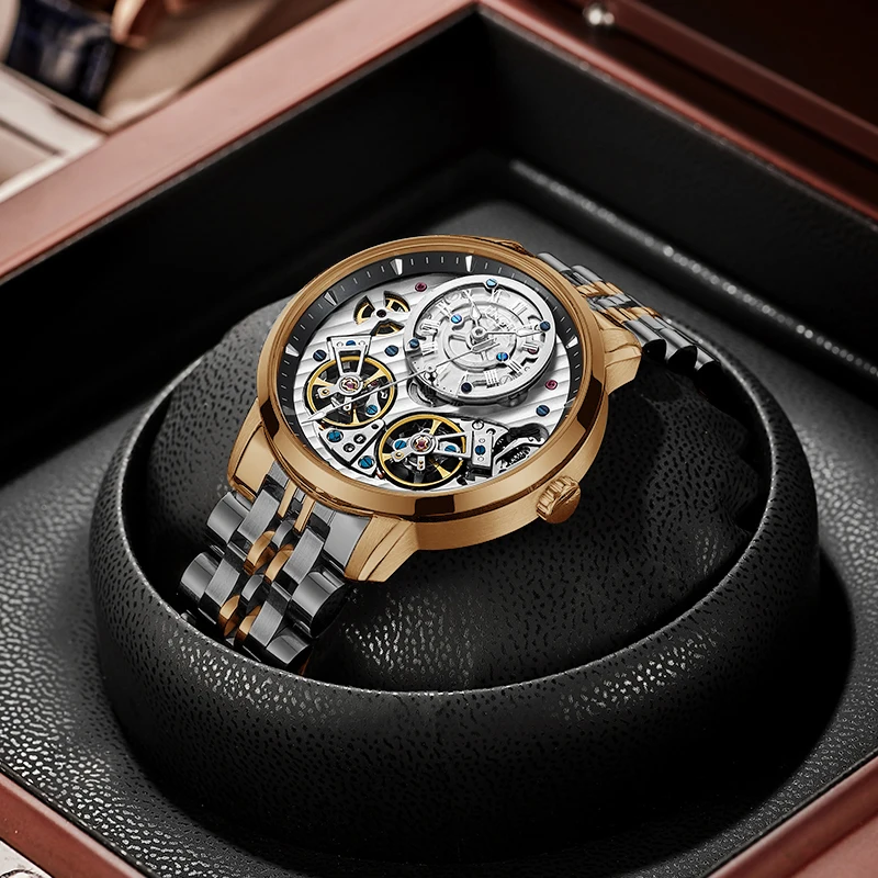 Механические часы jinshanghai с двойным маховиком, модная маленькая пластина с тремя контактами, водонепроницаемые механические часы с ремешком из нержавеющей стали