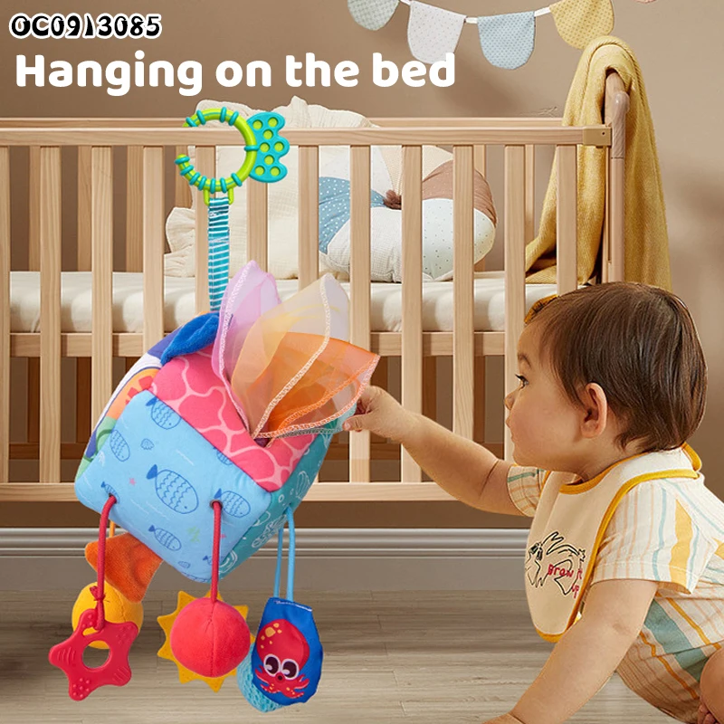 Hanging blocks baby 6 in 1 multifunction activity cube cloth soft sensory toys tissue box