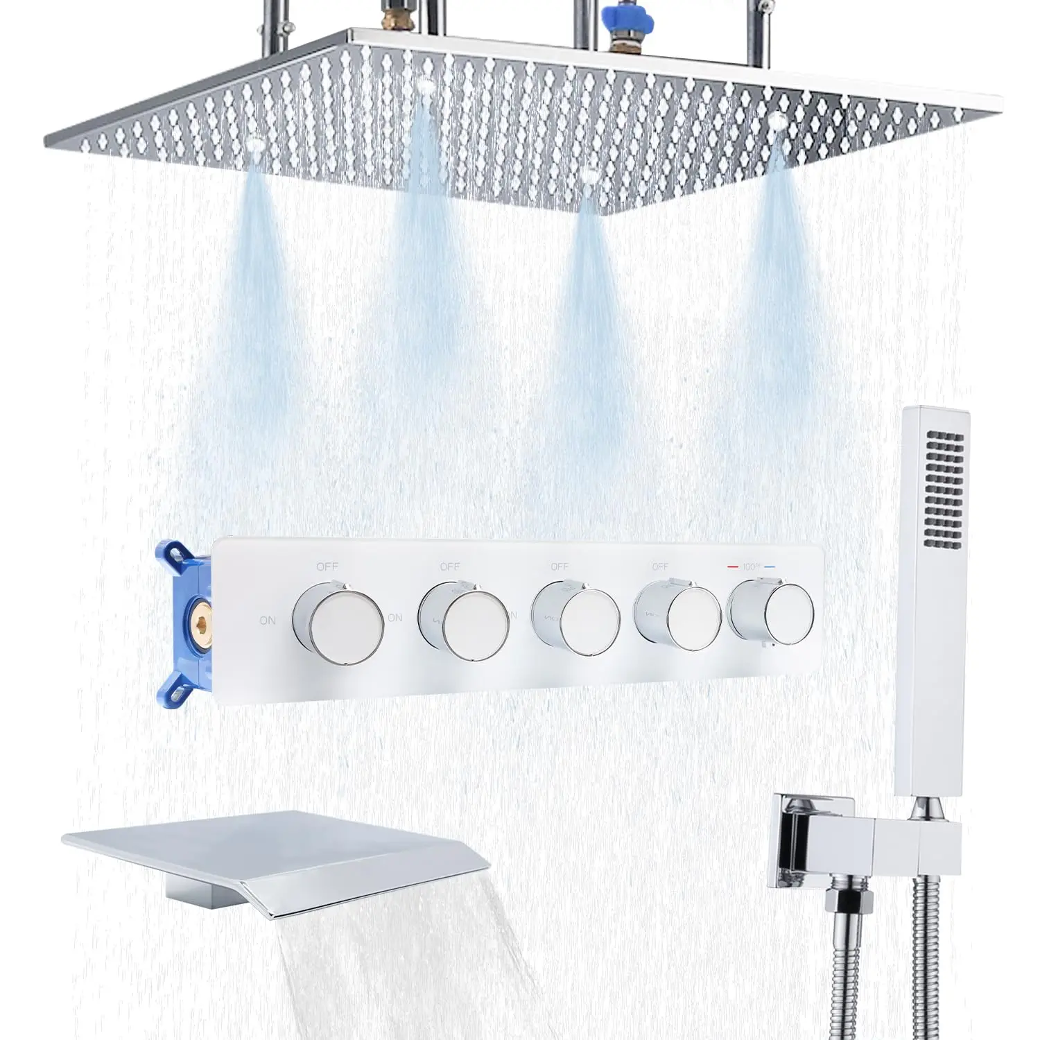 16 Inch Ceiling Mount concealed bathroom Thermostatic Rain Mixer Shower system faucet sets with Waterfall Tub Spout