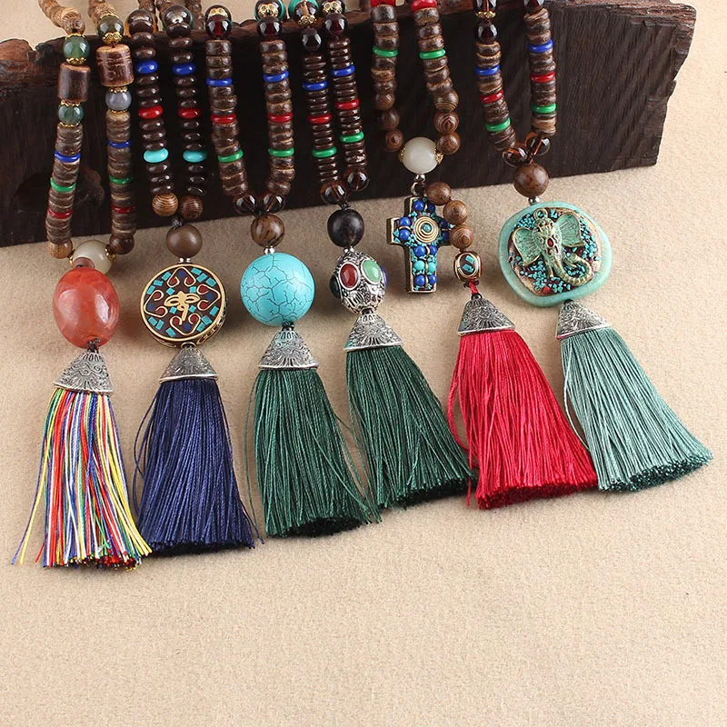 Bohemian Tassel Vintage Necklace Ethic Long Handmade Nepal Wood Beads  Tassel Pendants & Necklaces Jewelry Gifts for women