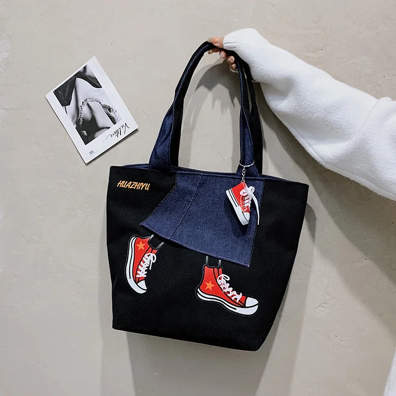 Large Capacity Individuality Inner Patch Pocket Embroidered Letter Logo Canvas Weekend Ladies Satchel Handbag Shoulder Tote Bag