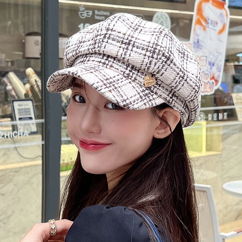 Wholesale winter women octagonal hat fashion artist painter newsboy hat plaid beret hat