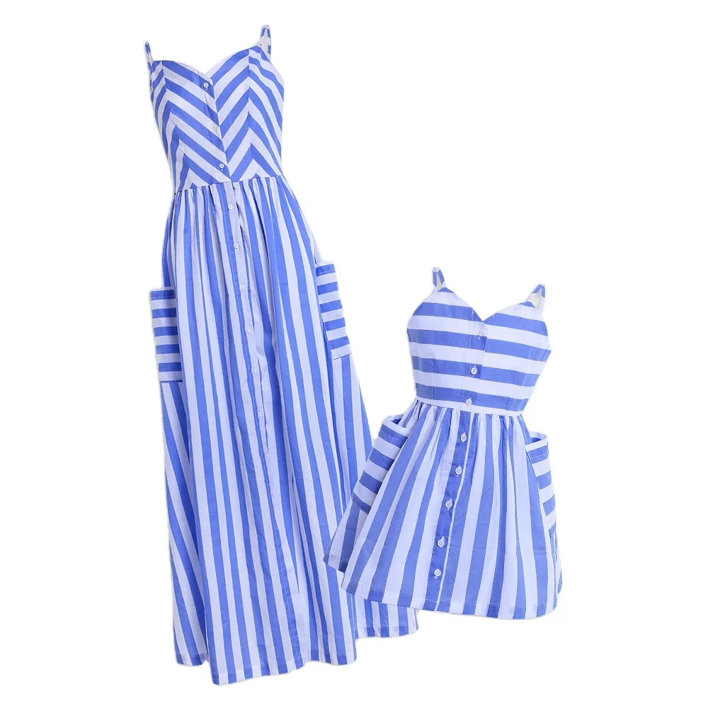 In Stock Low MOQ Mommy and Me Family Outfits Mother and Daughter V-neck Striped Matching Maxi Dress