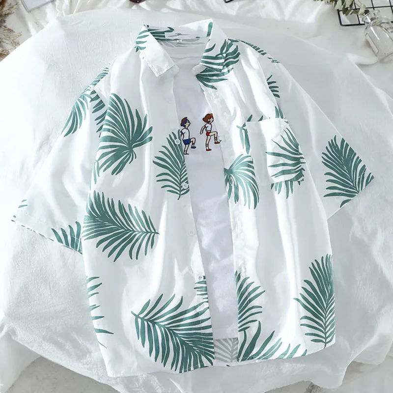 Custom Sublimation printing Mens Hawaiian Resort Style Palm Leaf Print Turn Down Collar Short Sleeve Shirts