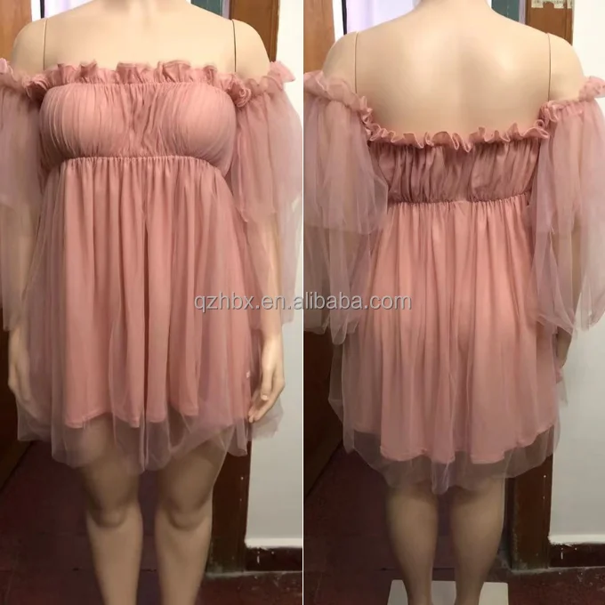 S-5XL Hot Trend Casual Cute Elastic Ruched Bandeau Off the Shoulder Sheer Mesh Layer Flutter Sleeve Tulle Overlay Mini Dress